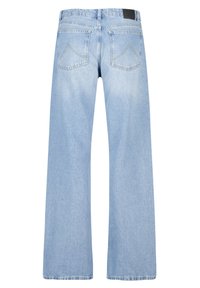 Light blue denim jeans with a high waist, wide leg, and two back pockets featuring a chevron stitch. Smooth texture and classic cut.