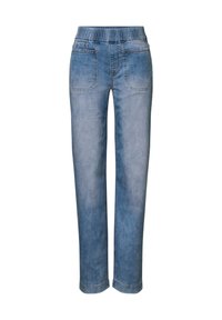 Jeans de denim azul claro con cinturilla elástica, diseño de pierna recta, dos bolsillos traseros y una textura deslavada para un look casual.