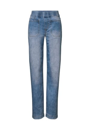 Lichtblauwe denim jeans met een elastische tailleband, recht gesneden pijpen, twee achterzakken en een vervaagde textuur voor een casual uitstraling.