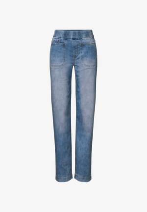 Světlé modré džíny z denimu s elastickým pasem, rovně střižené nohavice, dvě zadní kapsy a vybledlý vzhled pro ležérní styl.