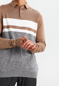 Polo a maniche lunghe a righe marroni e bianche, con una sezione inferiore grigia testurizzata, realizzata in un morbido materiale a maglia e dotata di un colletto con tre bottoni.