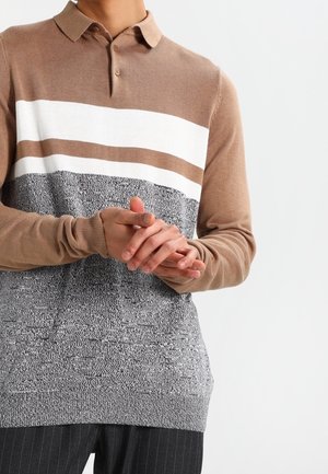 Polo a maniche lunghe a righe marroni e bianche, con una sezione inferiore grigia testurizzata, realizzata in un morbido materiale a maglia e dotata di un colletto con tre bottoni.