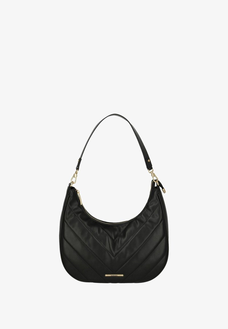 Zwarte gewatteerde schoudertas van faux leer met een gebogen silhouet, goudkleurige hardware en een ritssluiting aan de bovenkant.