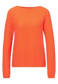 Pull à manches longues de couleur orange vif, fabriqué en tissu tricoté texturé. Doté d'un col rond et d'une coupe décontractée, sans fermetures visibles.
