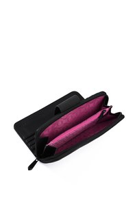 Black leather wallet with a zip closure, featuring a bright pink patterned interior. Contains multiple card slots and a zippered compartment.