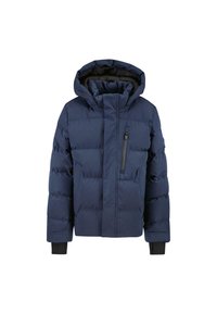 Navy blauwe gewatteerde jas met capuchon, met een textuur afwerking, een ritssluiting op de borstzak en ribgebreide manchetten. Gevuld voor isolatie.
