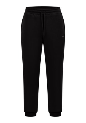 Czarne spodnie dresowe z elastycznym paskiem w talii, sznurkiem, bocznymi kieszeniami, ściągaczami u dołu oraz małym prostokątnym logo na prawej udzie.