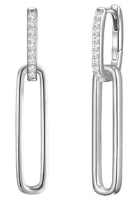 Sudraba krāsas auskari ar taisnstūra saites dizainu ar gludu apdari, rotāti ar maziem caurskatāmiem kristālu akmeņiem gar vienu malu.