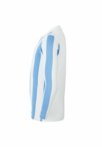 Langarm-Sporttrikot in Weiß mit hellblauen vertikalen Streifen. Verfügt über einen klassischen Kragen und eine texturierte Stoffoberfläche.