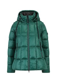 Pufová bunda v tmavě zelené barvě, s kapucí, předními zipy a prošívaným designem s obdélníkovými čtverci. Hladká, lesklá textura.