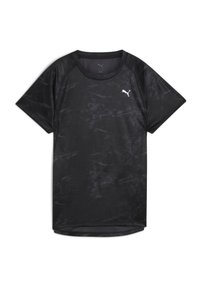 Camiseta deportiva negra de manga corta, hecha de tela ligera. Presenta un sutil patrón geométrico y un pequeño logo blanco en el pecho.