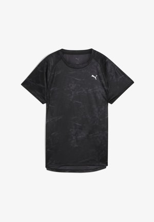 Zwart sport t-shirt met korte mouwen, gemaakt van lichtgewicht stof. Heeft een subtiel geometrisch patroon en een klein wit logo op de borst.