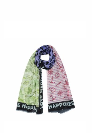 Scarf with three sections: green seashell print, purple leopard print, and pink nautical anchors, ship wheels, and compasses, with "LOVE HAPPINESS" text.