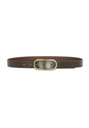 Donkerbruine lederen riem met een ovale antieke messing gesp en drie verstelgaten aan één kant.
