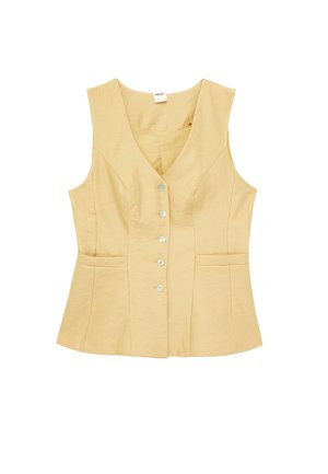 Ærmeløs beige vest med knapper, V-hals, figursyet talje og to sidelommer.