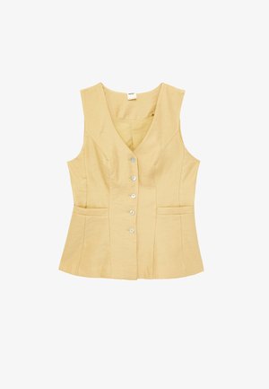 Beżowa bezrękawnikowa kamizelka zapinana na guziki, z dekoltem w serek, dopasowaną talią i dwoma bocznymi kieszeniami.