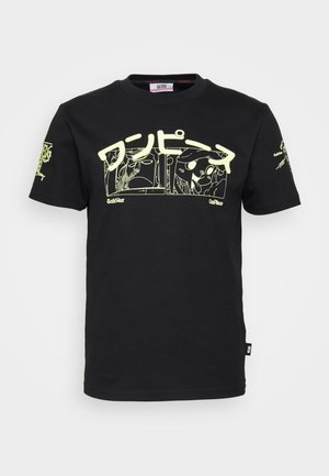 Schwarzes Baumwoll-T-Shirt mit gelbem Grafikdruck, japanischem Text und Cartoon-Designs auf der Vorderseite und dem linken Ärmel. Kurzarm.