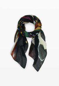 Leichter, mehrfarbiger Schal mit einer gekräuselten Textur und schwarzer Basis, akzentuiert durch kräftige Muster und lebendige Farbtöne.