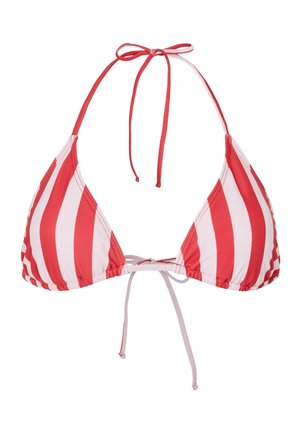 Haut de bikini triangle à rayures verticales rouges et blanches, avec col halter et fermeture à nouer devant et derrière.