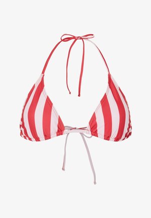 Haut de bikini triangle à rayures verticales rouges et blanches, avec col halter et fermeture à nouer devant et derrière.