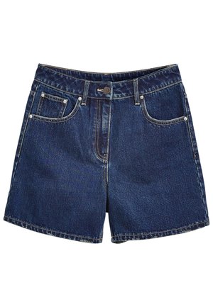 Shorts en denim de couleur bleu foncé avec une coupe droite, cinq poches et des coutures contrastantes. Présente une fermeture à bouton à l'avant.