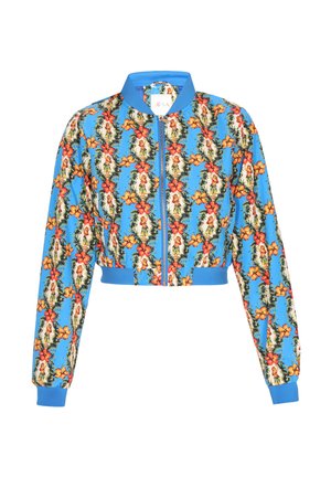 Gekürzte Bomberjacke in leuchtendem Blau mit floralem Muster, das orange und gelbe Blumen zeigt, mit Reißverschluss, sowie gerippten Bündchen und Saum.
