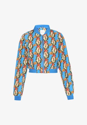 Ingekorte bomberjack in felblauw met een bloemenpatroon van oranje en gele bloemen, ritsluiting, en ribbelboorden en -zoom.
