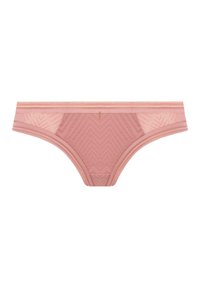 Roze kanten bikini slip met een zigzagpatroon, voorzien van een duidelijke tailleband en doorschijnende zijkanten voor extra textuur en detail.