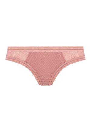 Roze kanten bikini slip met een zigzagpatroon, voorzien van een duidelijke tailleband en doorschijnende zijkanten voor extra textuur en detail.
