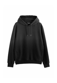 Black hooded sweatshirt made of soft fabric. Features a kangaroo pocket, ribbed cuffs, and hem with drawstrings for hood adjustment.