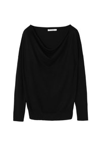 Maglione nero fuori spalla con scollatura drappeggiata, maniche lunghe e orlo a coste, realizzato in un tessuto morbido e leggero.