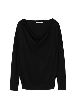 Black off-the-shoulder sweater featuring a draped neckline, long sleeves, and a ribbed hem, made of a soft, lightweight fabric.