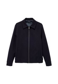 Marineblå zip-jakke med krave, ribbede manchetter og to sidelommer. Fremstillet af et glat stof med en struktureret design.