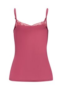 Tæt siddende cami i mørk pink stof, med justerbare stropper og en blondekant ved halsudskæringen for ekstra tekstur og detaljer.