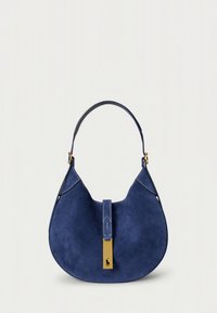 Navy suede handbag with a curved shape, a short handle, a central gold accent, and contrasting white stitching details.