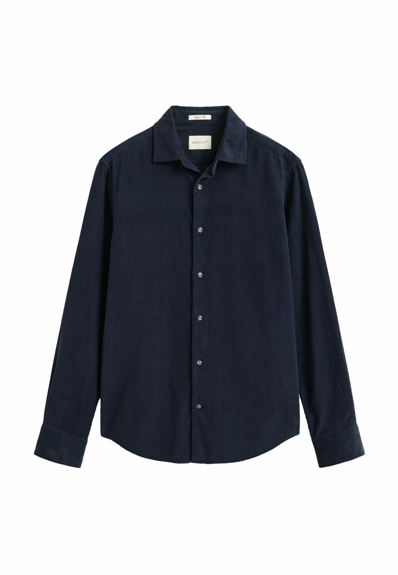 Dark navy blue long-sleeve button-up shirt with collar and cuffs, plain design, displayed against a white background.