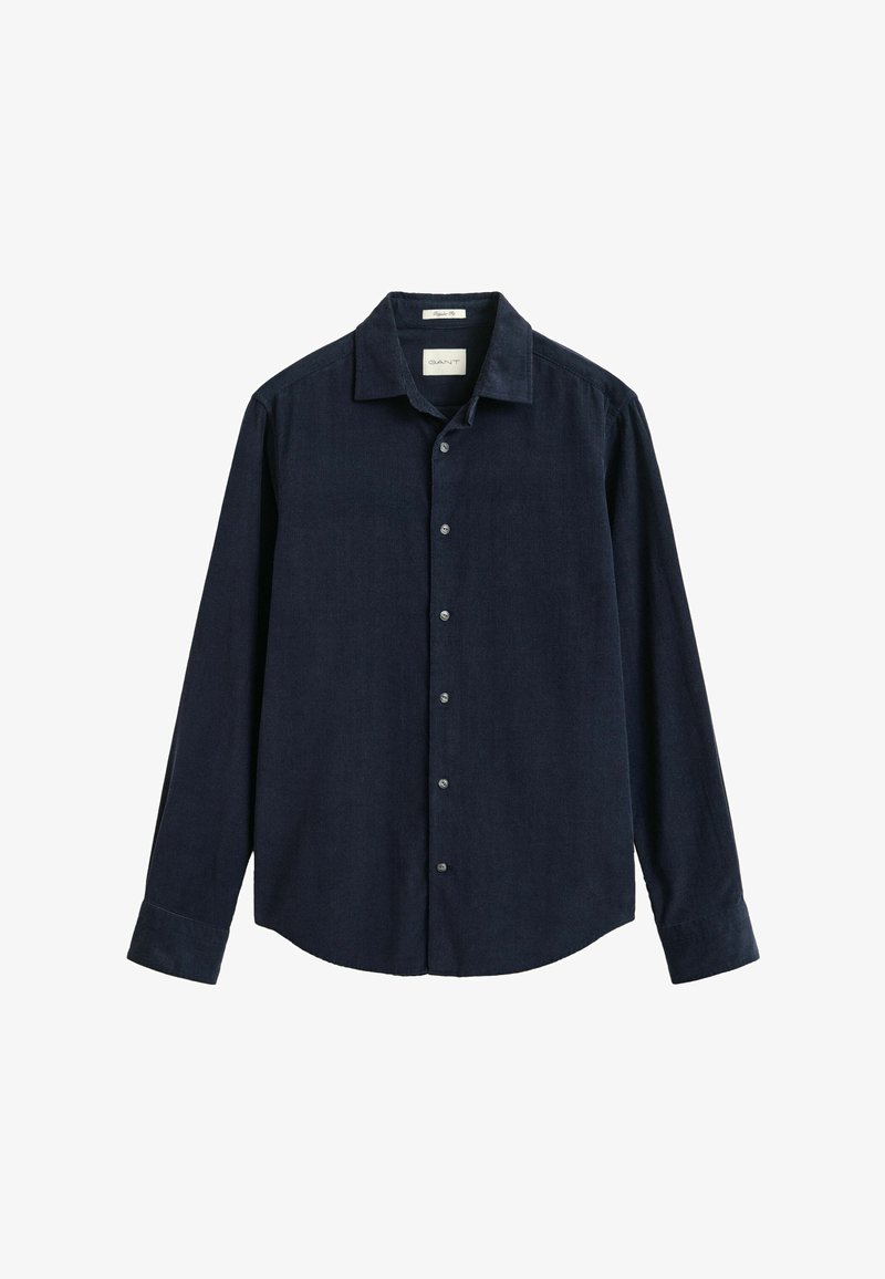 Camicia blu navy scuro a manica lunga con bottoni, colletto e polsini, design semplice, mostrata su sfondo bianco.