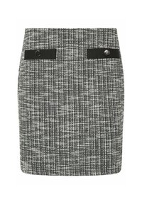 Gonna a matita intrecciata in un motivo a quadri bianco e nero. Presenta due tasche frontali con accenti in tessuto nero e minuteria circolare in argento.