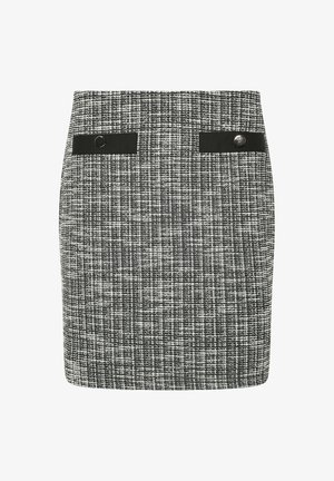 Vævet blyantskirt i et sort-hvidt ternet mønster. Har to frontlommer med sorte stofdetaljer og cirkulært sølvhardware.