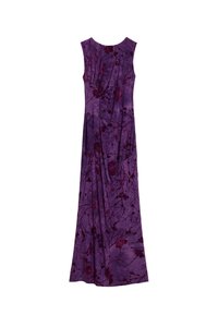 Sleeveless purple maxi dress with dark floral patterns and gathered fabric details, displayed flat on a white background.