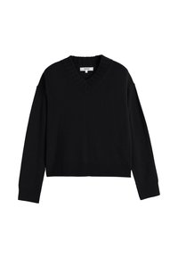 Pull noir avec un col en V, des poignets et un ourlet côtelés. Fabriqué en tissu lisse avec une coupe décontractée. Présente un détail texturé au niveau du col.