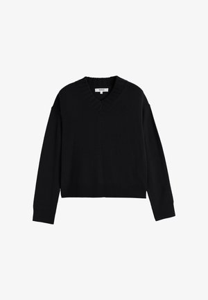 Maglione nero con scollatura a V, polsini e orlo a coste. Realizzato in tessuto morbido con una vestibilità rilassata. Presenta un dettaglio testurizzato sul colletto.