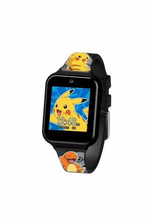 Digital watch with black square face, featuring a colorful Pikachu display and a strap decorated with Pikachu and Charmander characters.