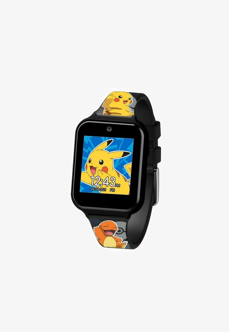 Digitale klok met een zwart vierkant gezicht, met een kleurrijke Pikachu-display en een band versierd met Pikachu en Charmander-personages.