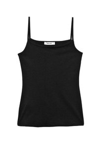 Camisole noire sans manches avec de fines bretelles spaghetti. Fabriquée en tissu doux et lisse avec une coupe ajustée. Étiquette visible au niveau du col.