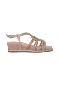 Roze suede wedge sandaal met gouden hardware, kralenaccenten en kruisende banden. Voorzien van een verstelbare enkelband en een gestructureerde afwerking.
