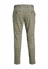 Broek in licht olijf met een ruitpatroon. Slim fit ontwerp met twee achterzakken en een gestructureerde stof.