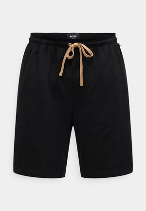 Zwarte casual shorts met elastische tailleband en beige trekkoord, losse pasvorm, gemaakt van zachte stof, effen ontwerp, in het midden gelabeld met "BOSS".