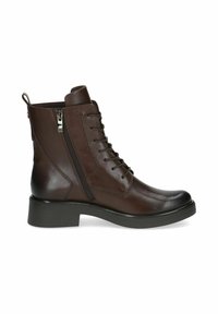 Stivale alla caviglia in pelle marrone con punta rotonda, allacciatura frontale e cerniera laterale. Presenta un tacco basso a blocco e una texture liscia.