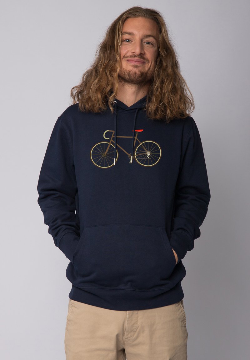 Marineblaue Kapuzenjacke mit einem goldenen Fahrrad-Design auf der Vorderseite, einem roten Akzent auf dem Sattel und einer Front-Kängurutasche.